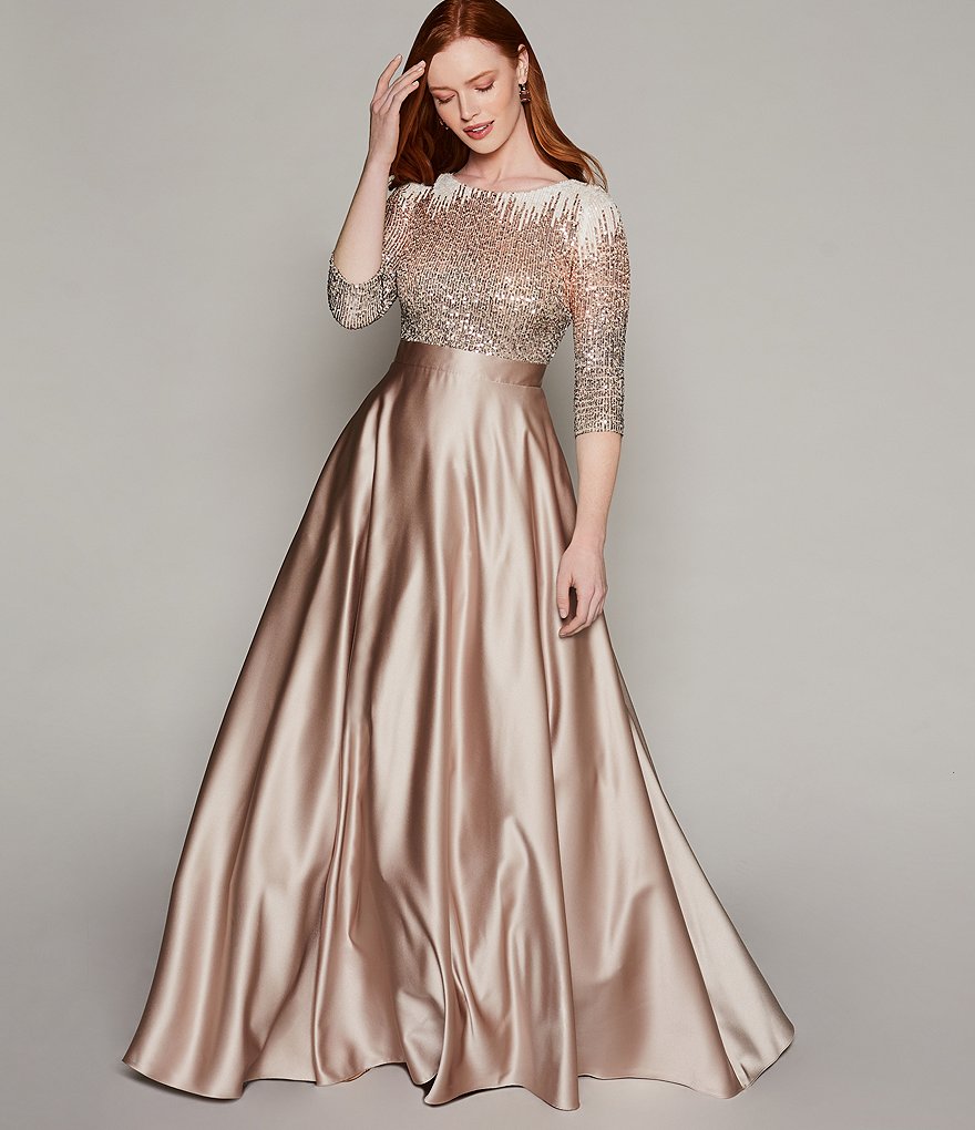 Betsy & Adam Sequin Bodice Boat Neck Elbow Sleeve Satin Ball Gown