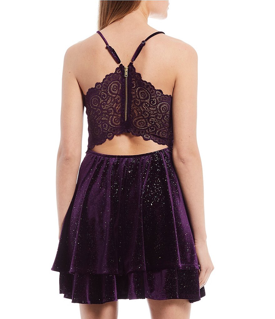 Honey and Rosie Glitter Velvet Plunge V-Neck Lace-Bra-Back Skater Dress