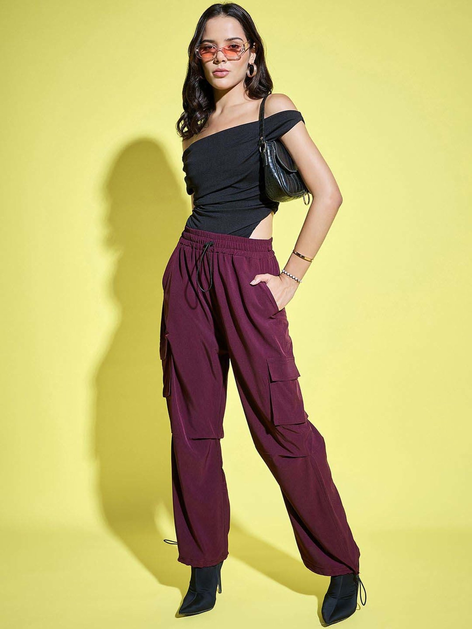 BUYNEWTREND Purple High Rise Cargo Pants