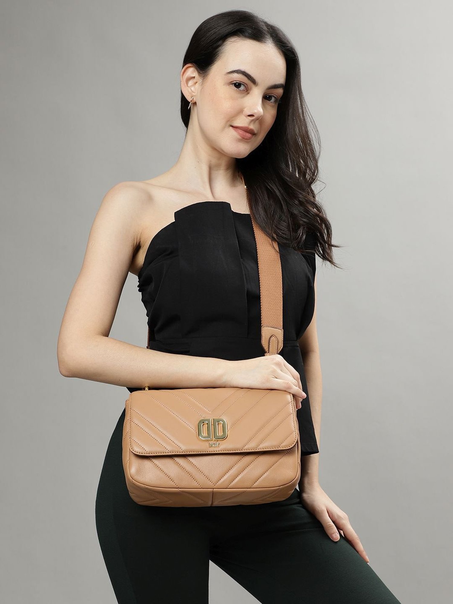Dkny Neutral Leather Quilted Sling Handbag