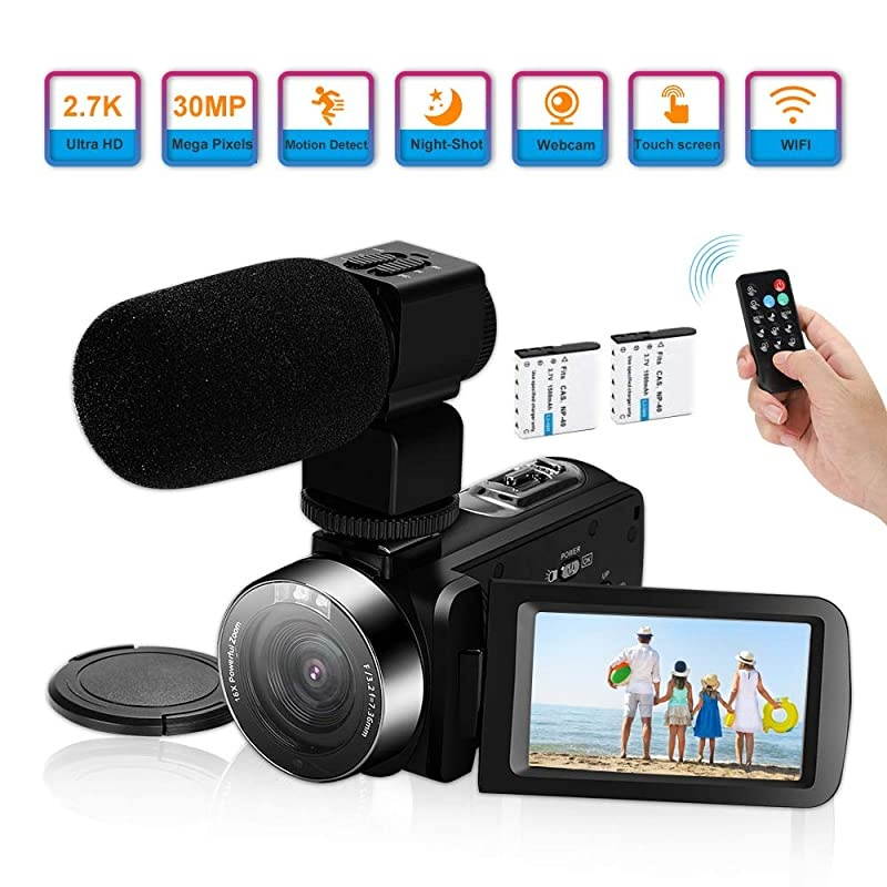Camera Camcorder,Ultra HD 2.7K Vlogging Camera 30FPS 30MP 16X Digital Zoom 3.0 Inch Rotatable WiFi Camcorders with Microphone IR Night Vision&2Batteries