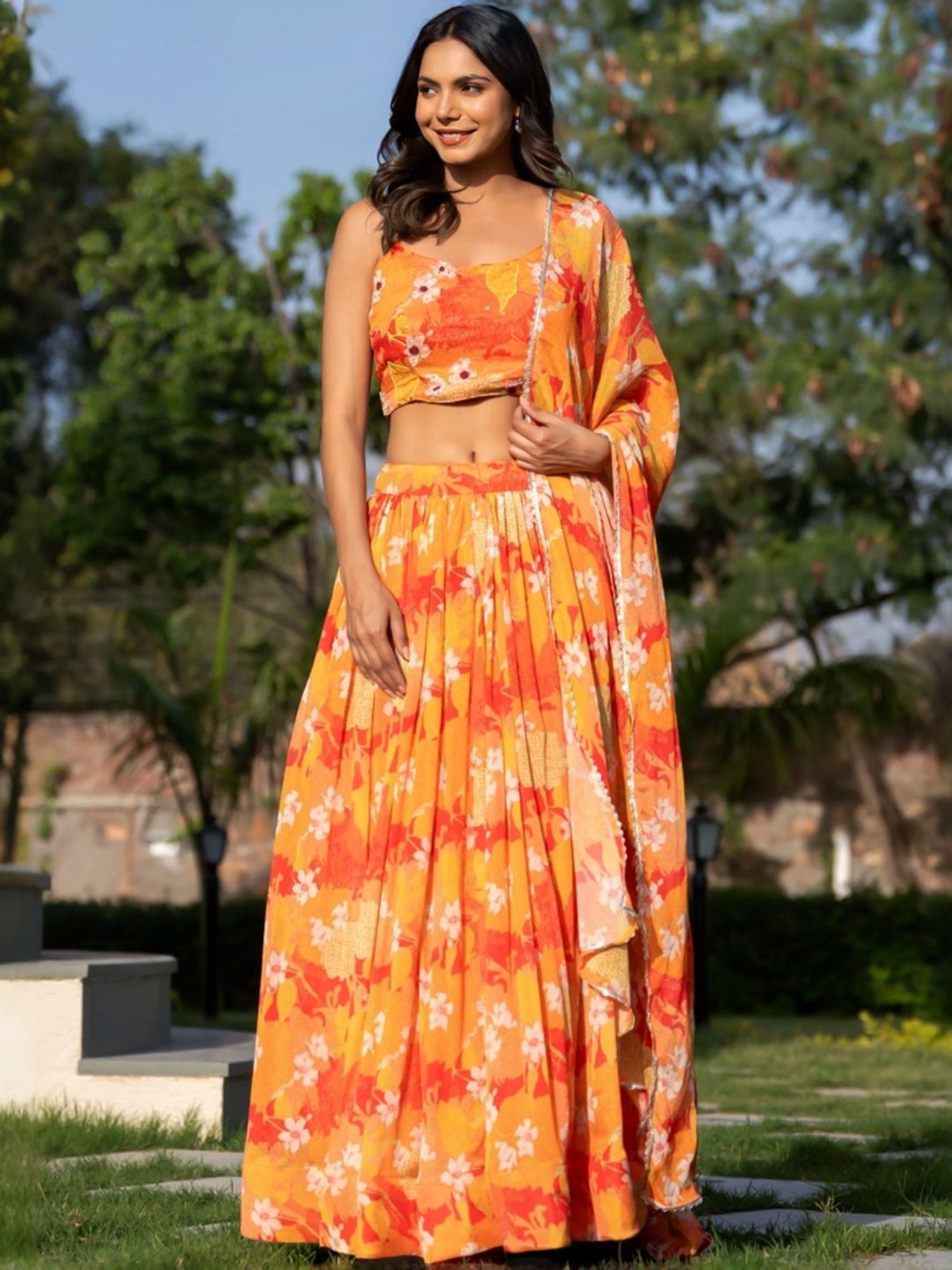 HOUSE OF JAMOTI Orange & Yellow Printed Lehenga Choli Set With Dupatta