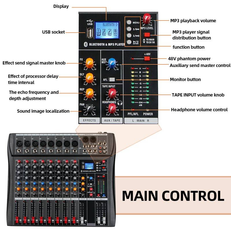 Depusheng DX8 Professional Mixer Sound Board Console 8 Channel Desk System Interface Digital USB MP3 Input 48V Phantom Power Stereo DJ Studio FX Steel Chassis,Black Bluetooth USB Audio Mixer for PC