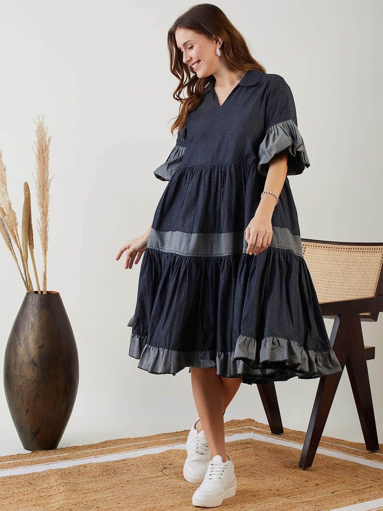 The Kaftan Company Navy Cotton Self Pattern A-Line Dress