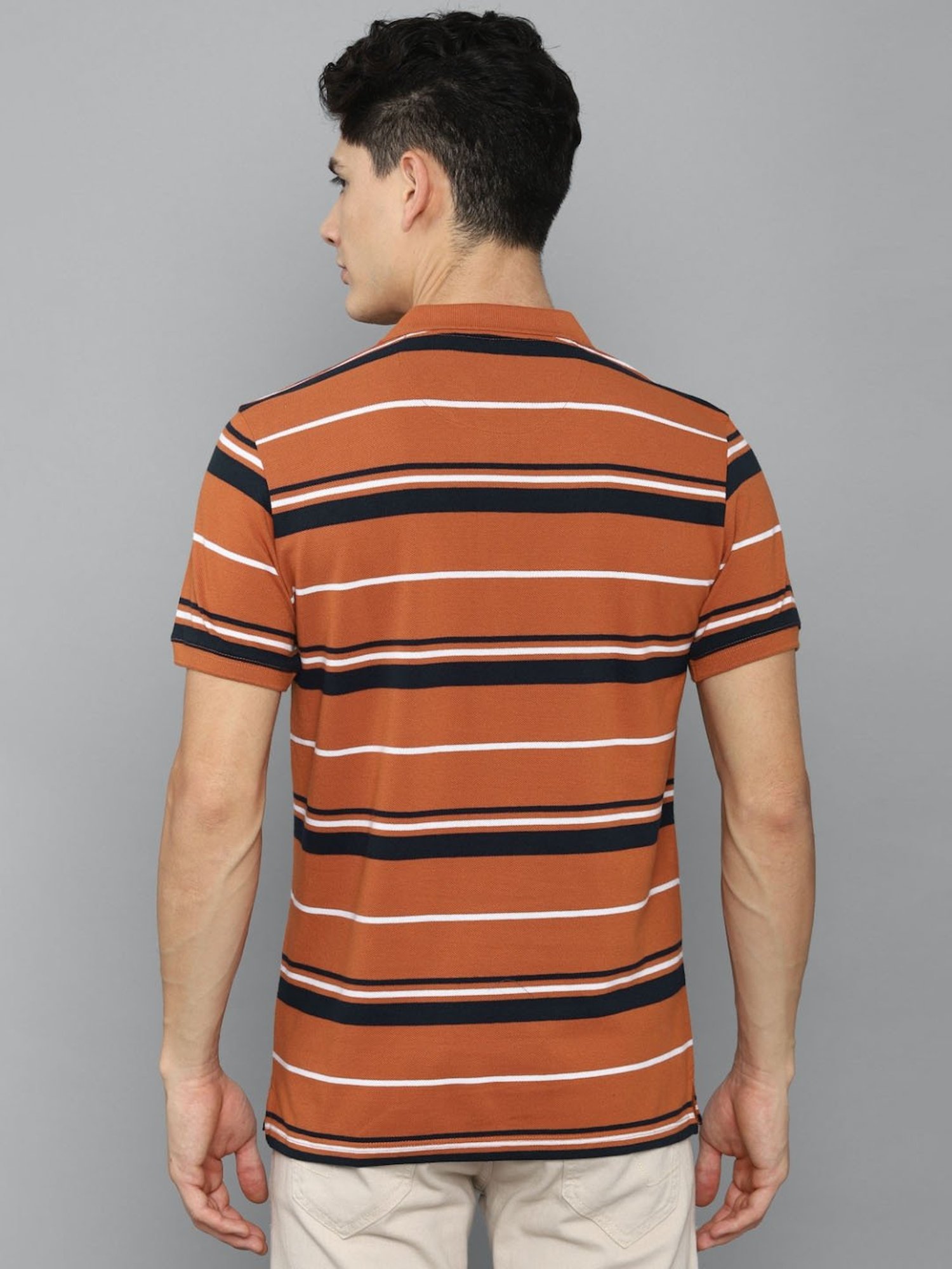 Louis Philippe Sport Orange Cotton Slim Fit Striped Polo T-Shirt