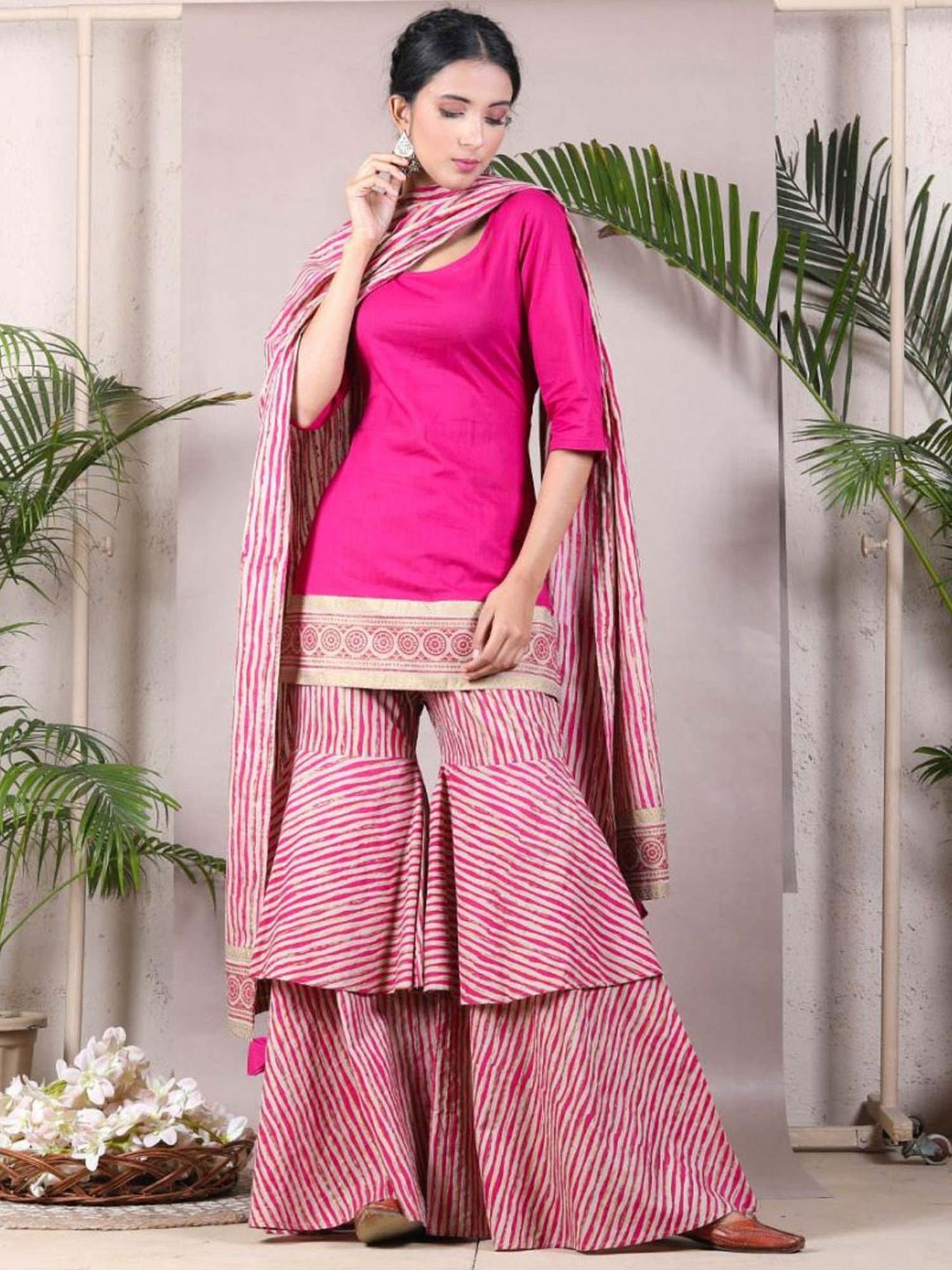 Rustorange Magenta & Beige Kurta & Ruffle Pant Set with Dupatta