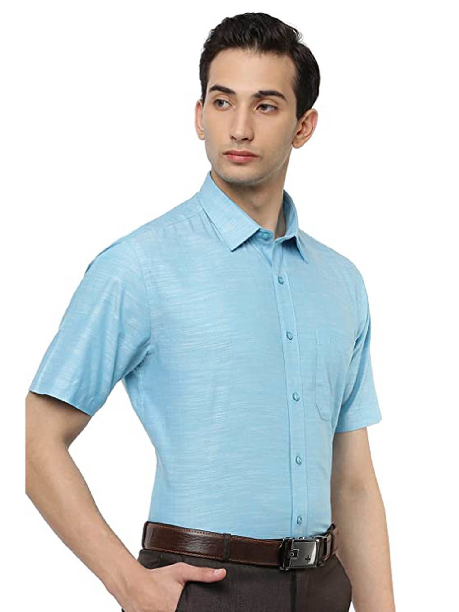 Ramraj Blue Cotton Slim Fit Self Pattern Shirt
