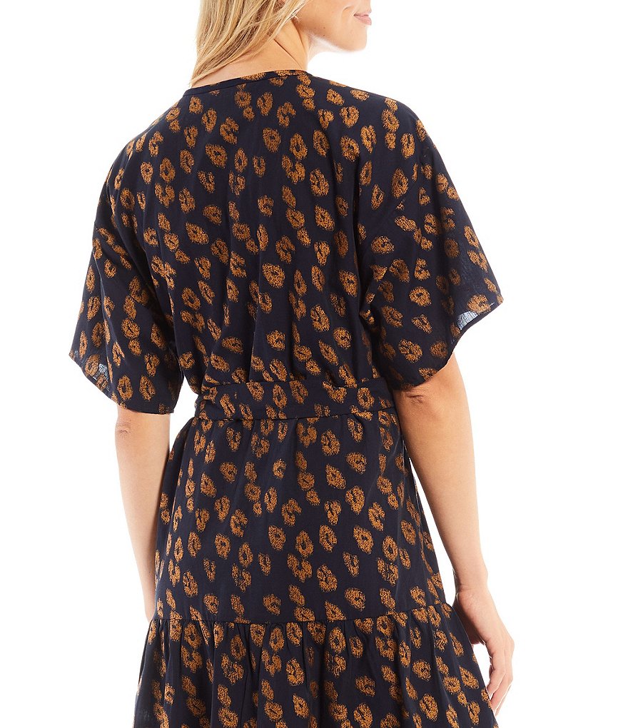 Trina Turk Diffused Leopard Print V-Neck Elbow Short Sleeve Tie Waist A-Line Midi Dress