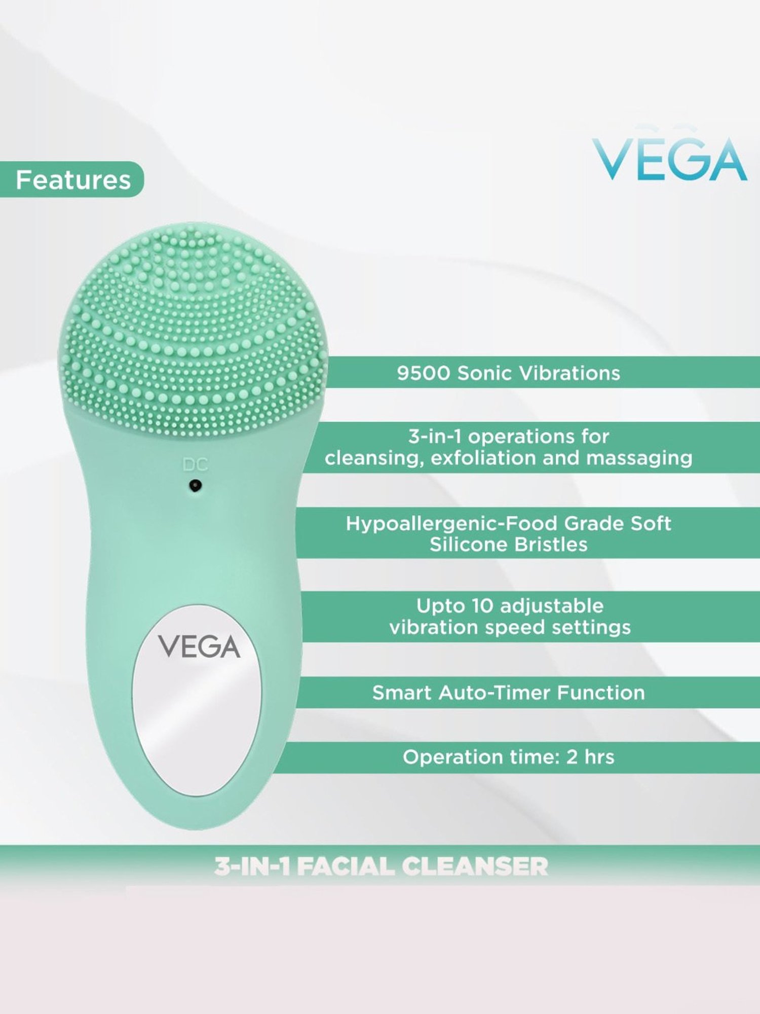 Vega VHFC-02 3-In-1 Facial Cleanser with Sonic Vibration Technique (Green)