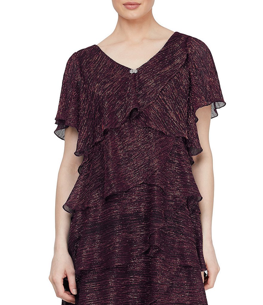 Ignite Evenings Shimmer Tiered Ruffle Scoop Neck Short Flutter Sleeve Dress