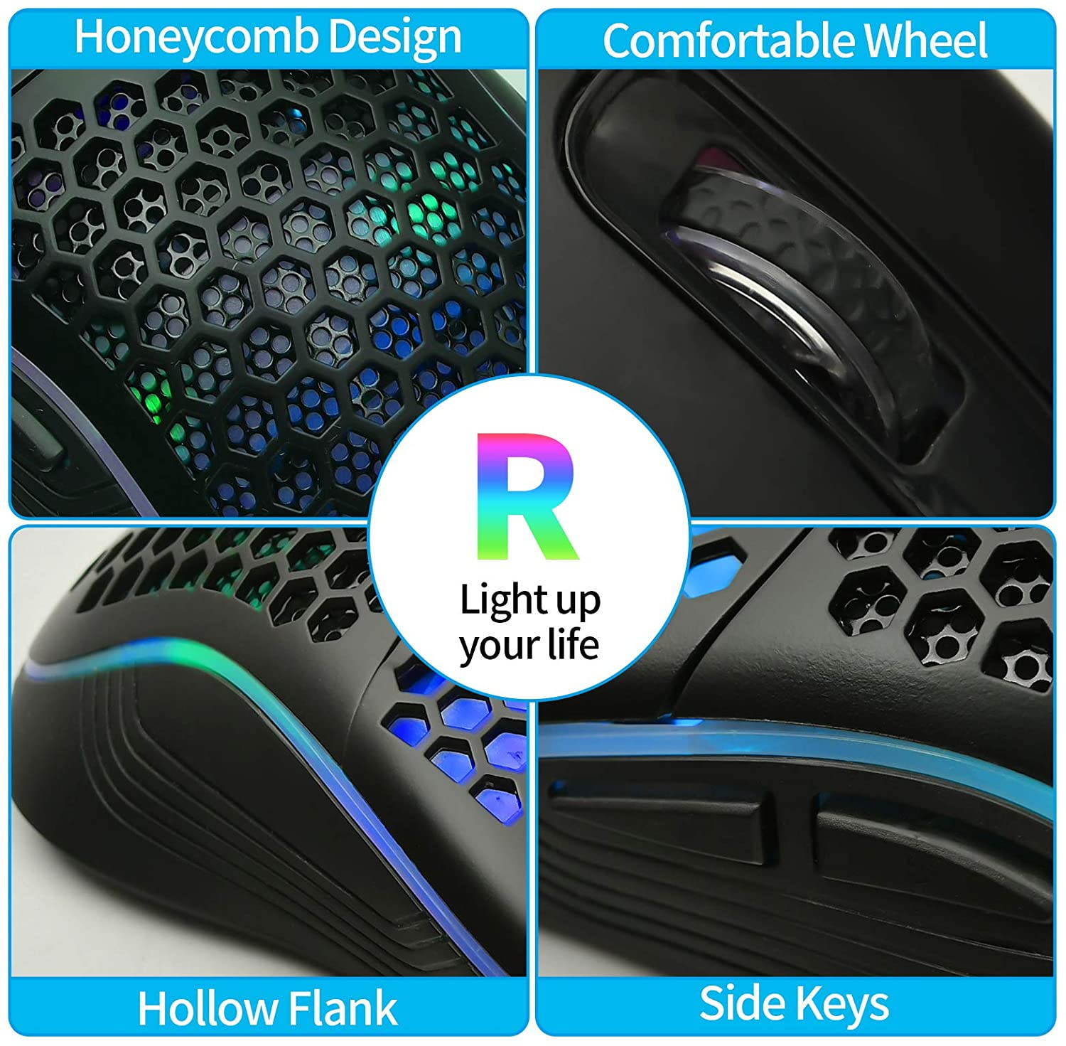 Honeycomb Wired Gaming Mouse, RGB Backlight and 7200 Adjustable DPI, Ergonomic and Lightweight USB Computer Mouse with High Precision Sensor for Windows PC & Laptop Gamers