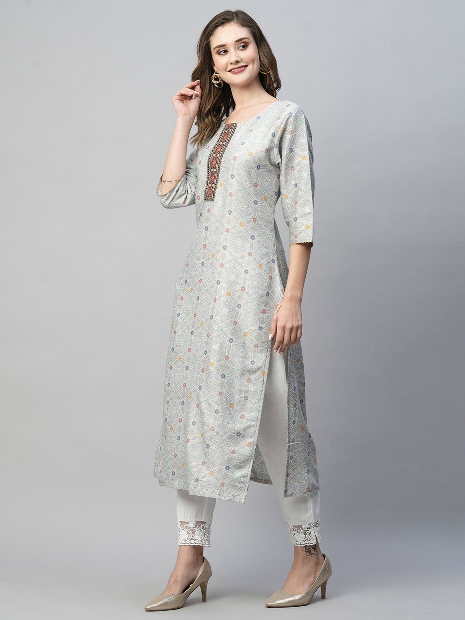KIANA Grey Printed Straight Kurta