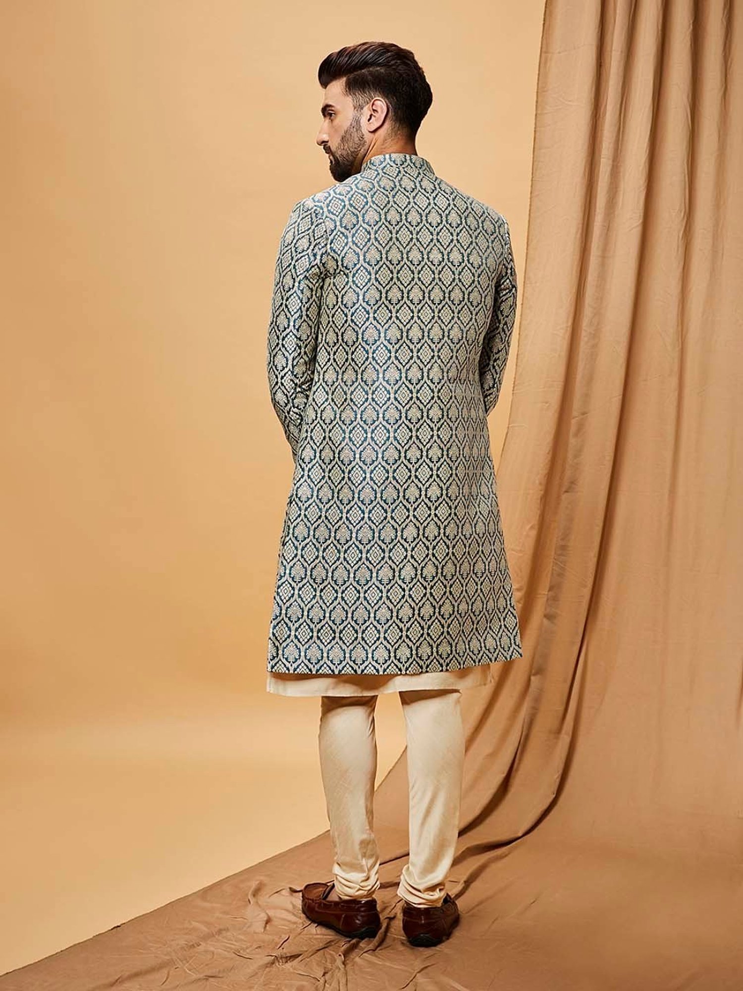 Hangup Plus Beige & Black Regular Fit Printed Sherwani Set