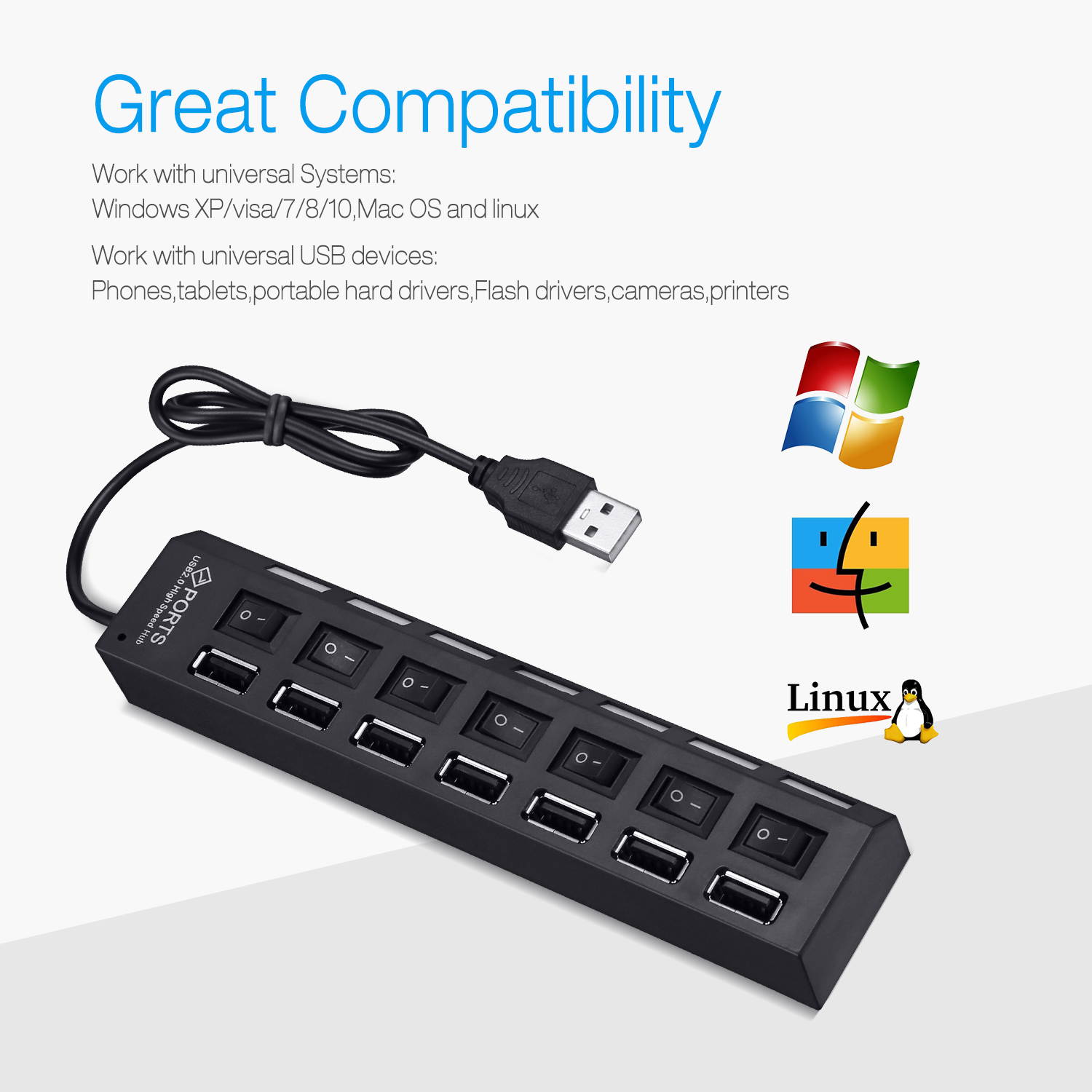 FirstPower 7 Port USB 2.0 Multi Charger Hub +High Speed Adapter ON/OFF Switch Laptop PC Computer Peripherals