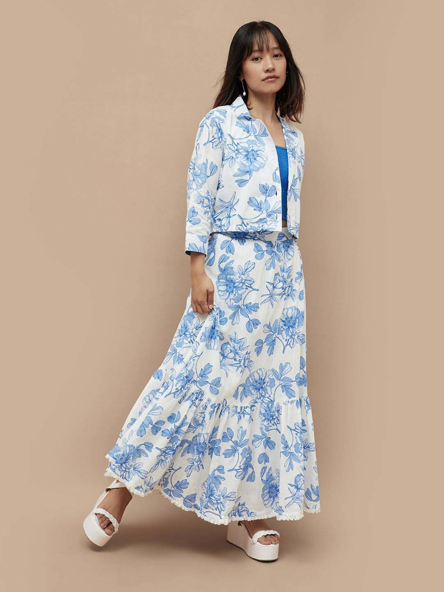 Colour Me by Melange White & Blue Cotton Floral Print Maxi Skirt