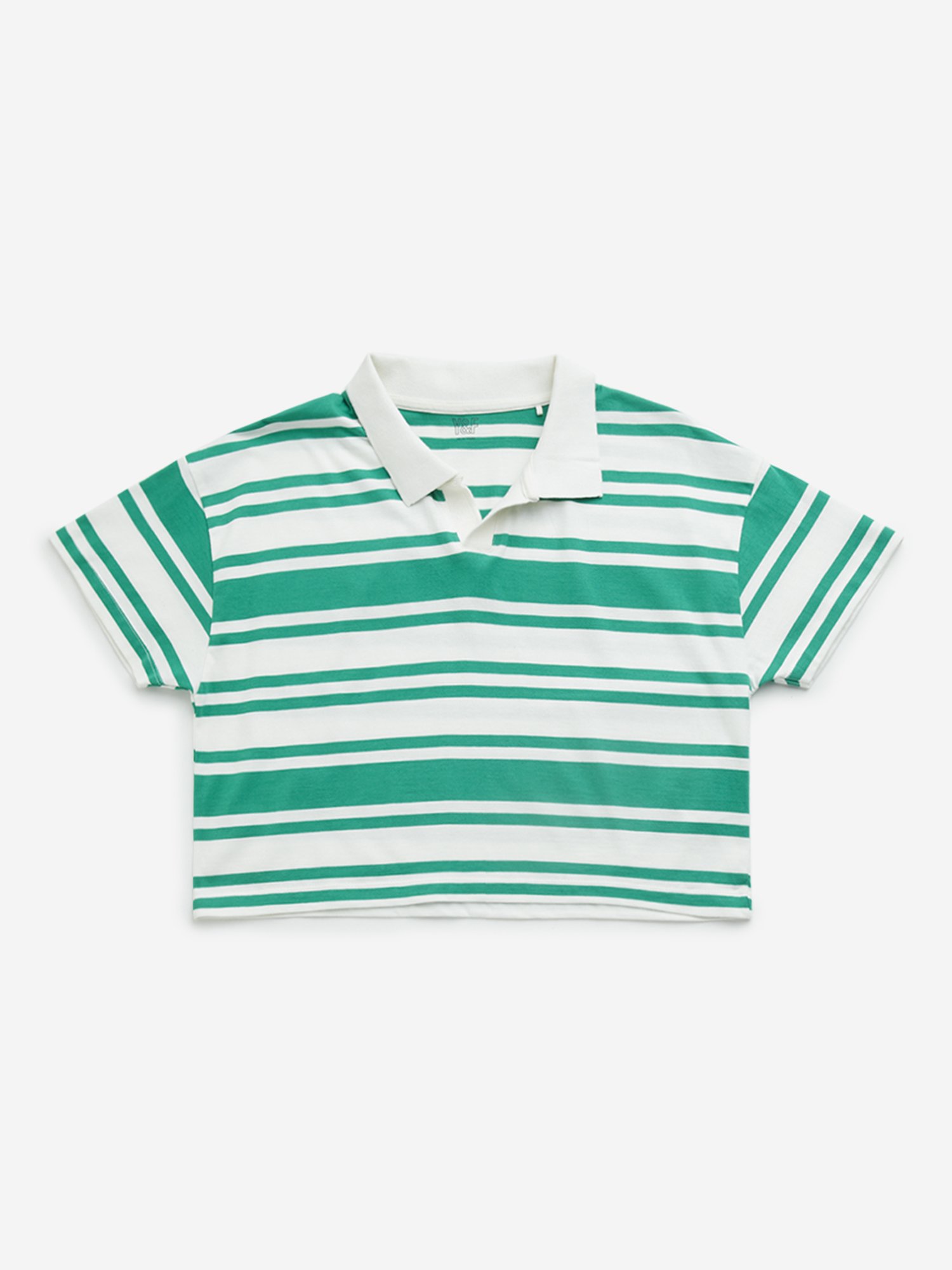 Y&F Kids by Westside Green Striped Cotton Crop T-Shirt