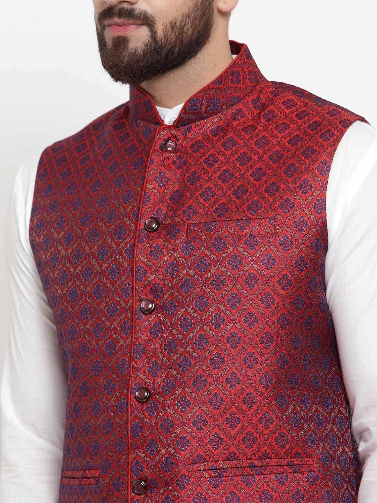 Treemoda Maroon Regular Fit Self Pattern Nehru Jacket