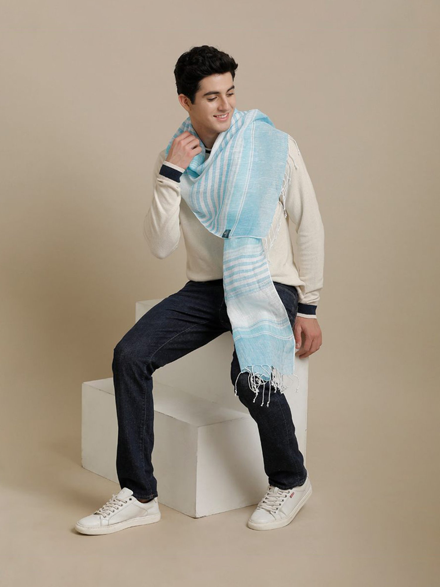 Linen Club Blue Striped Pure Linen Stole