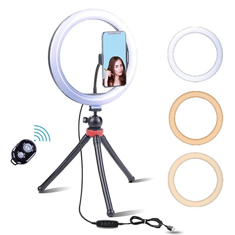 12" LED Selfie Ring Light with Desktop Phone Tripod, Compatible with iPhone & Android, 3 Color Modes, Premium Adjustable Camera Stand, Flexible Legs, Wireless Bluetooth Remote, USB Powered