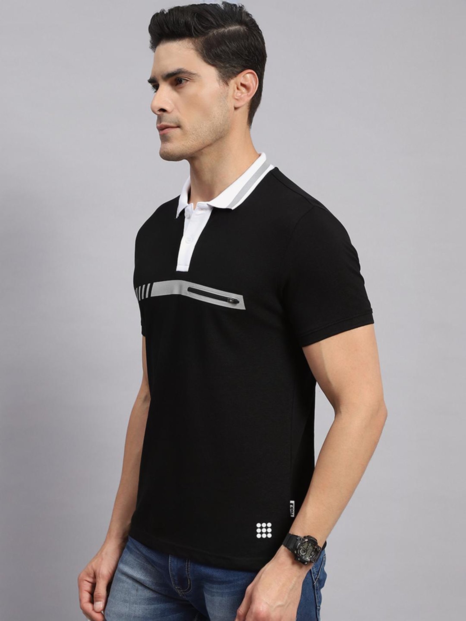 Rock.it Black Cotton Regular Fit Printed Polo T-Shirt