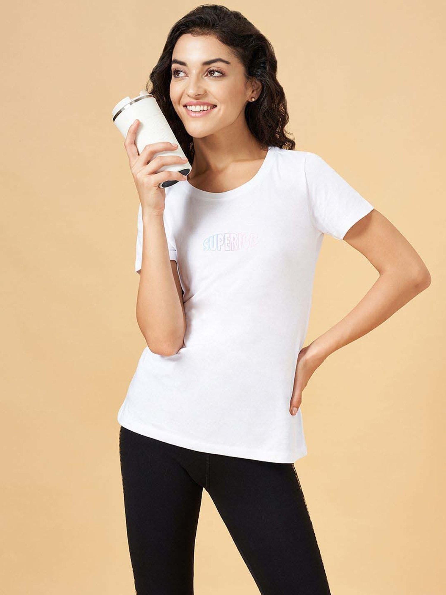 Ajile by Pantaloons White Cotton Graphic Print Sports T-Shirt