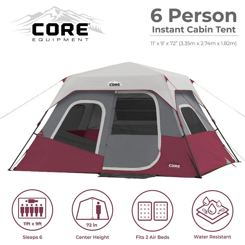 CORE Instant Cabin 11 x 9 Foot 6 Person Cabin Tent with Air Vents and Loft, Red