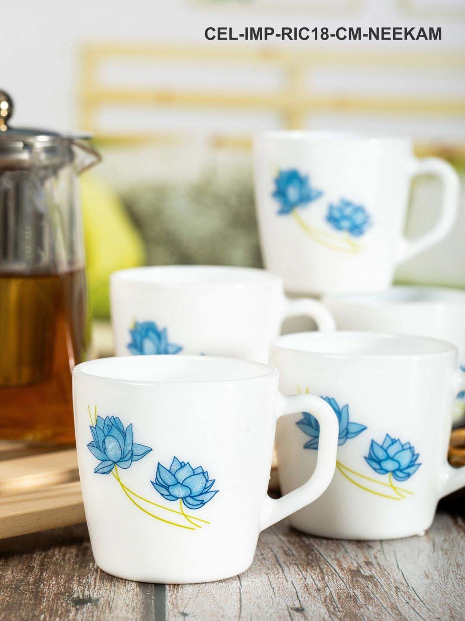 Cello Imperial Ricca White & Blue Glass Coffee Mug (0.18 L) - Set of 6