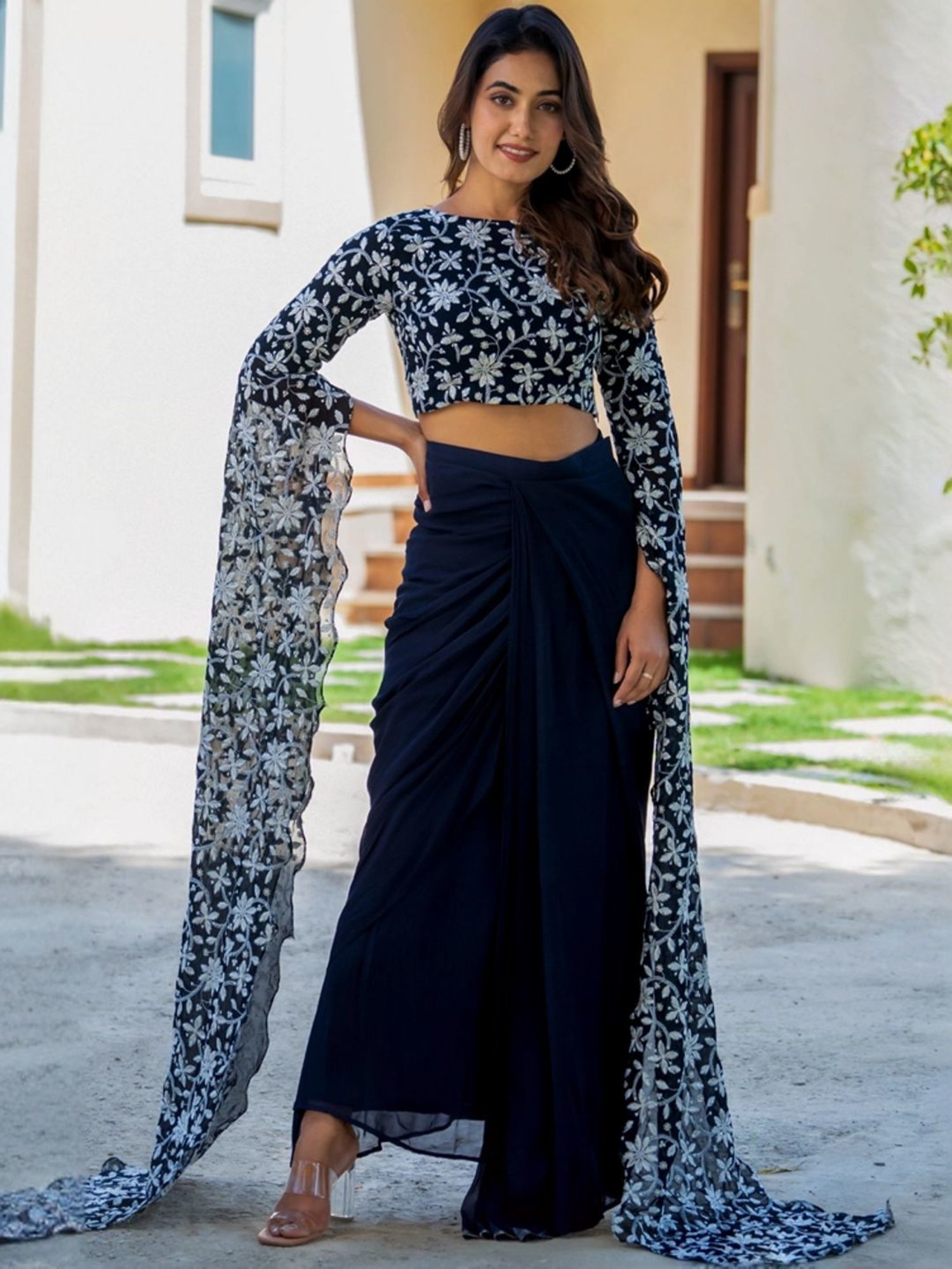 HOUSE OF JAMOTI Navy Embroidered Crop Top Skirt Set