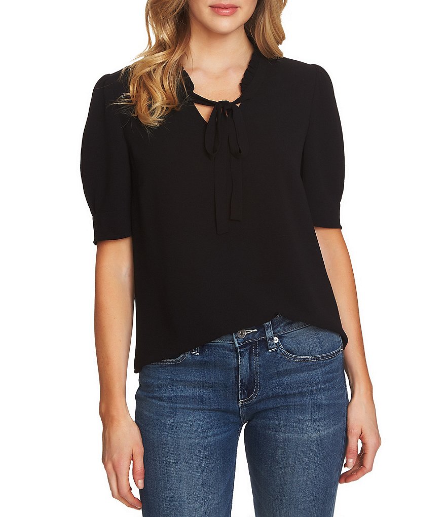 CeCe Puff Sleeve Ruffled Tie V-Neck Blouse