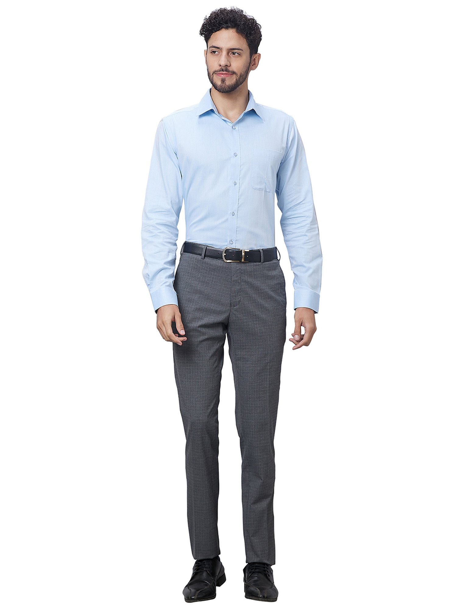 Raymond Grey Slim Fit Self Design Flat Front Trousers