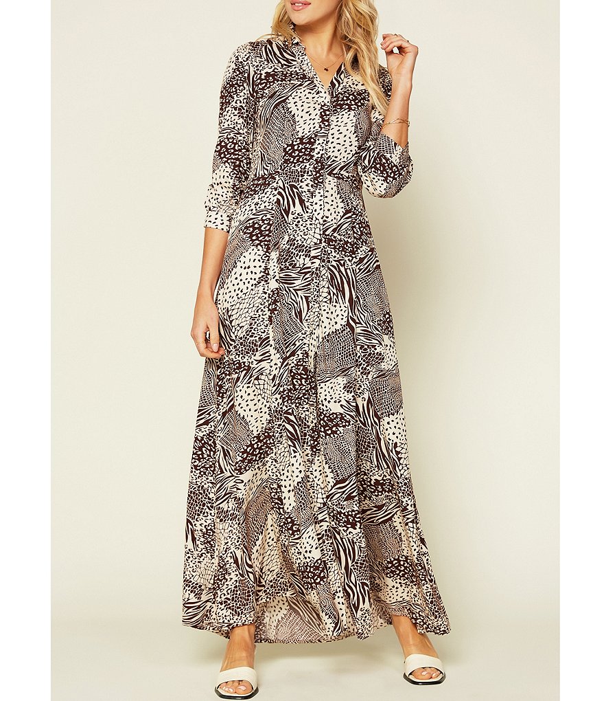 Skies Are Blue Animal Patchwork Print 3/4 Sleeve Maxi Shirt Dress