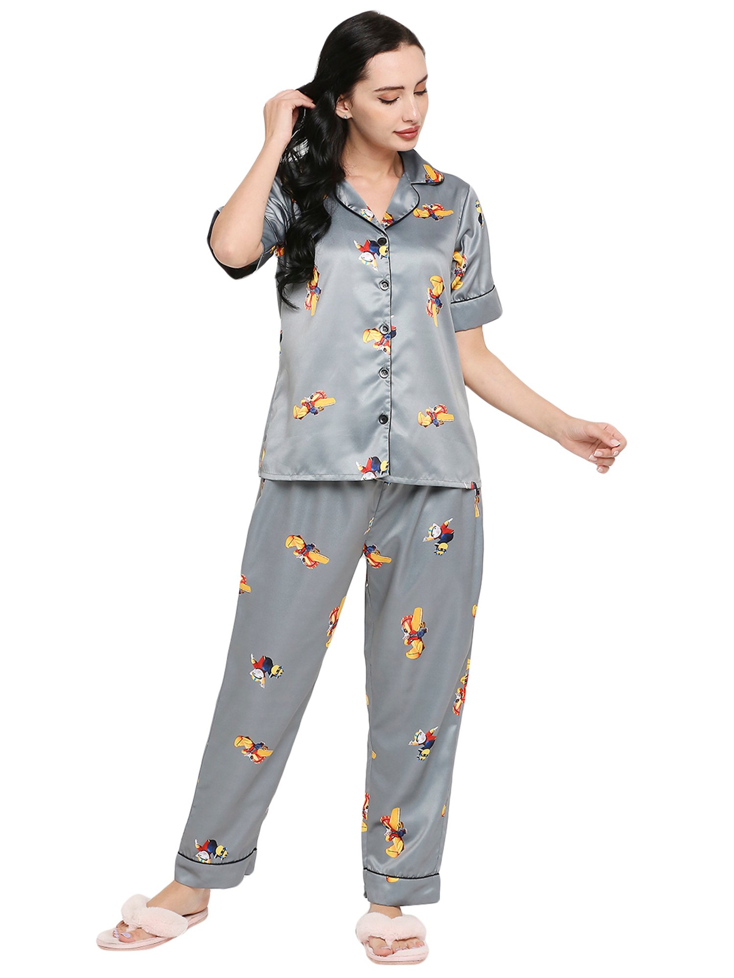 Smarty Pants Light Grey Satin Print Shirt With Pyjamas