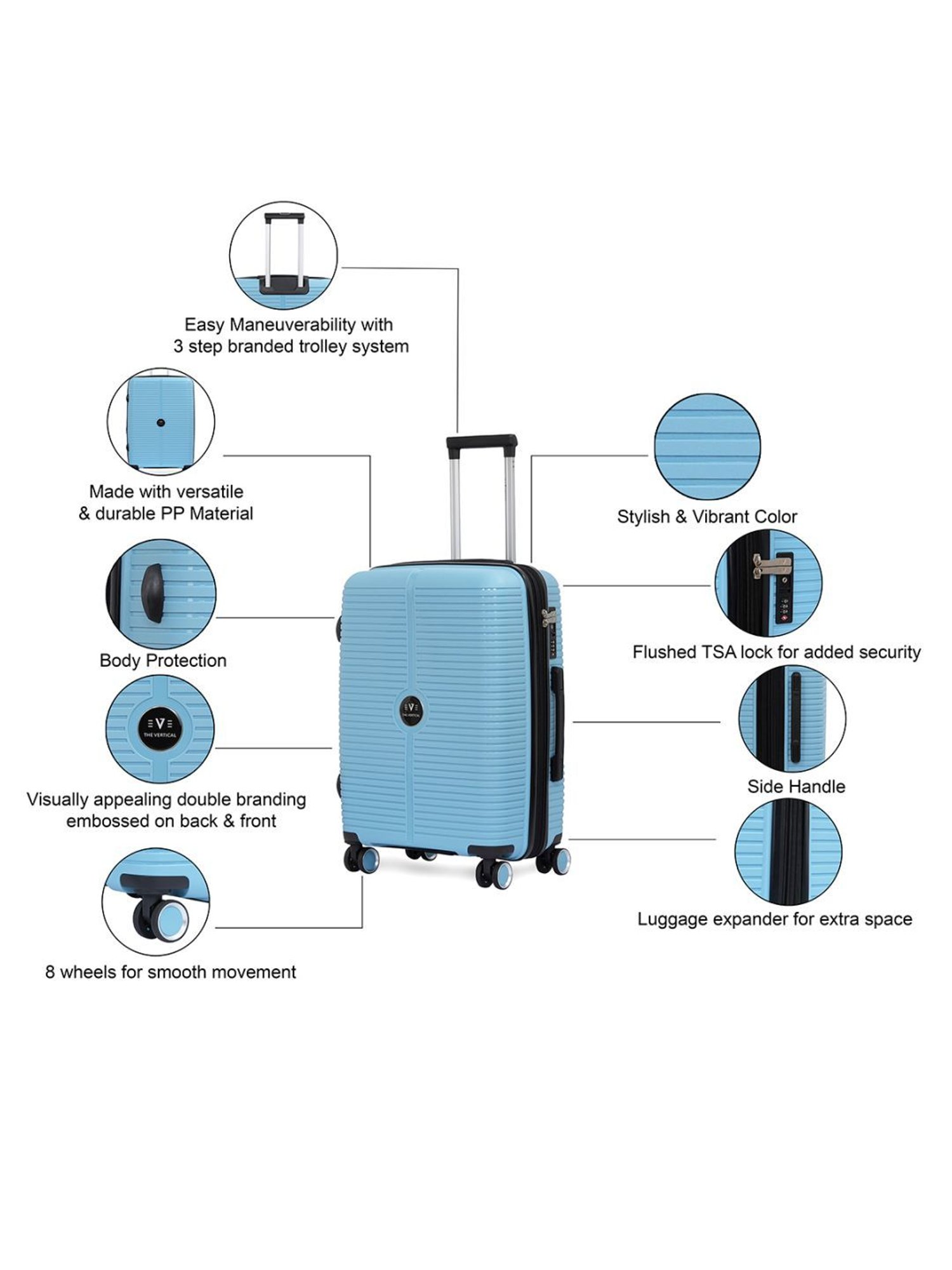 The Vertical Stellar Blue Wheels 8 Medium Hard Cabin Trolley Bag