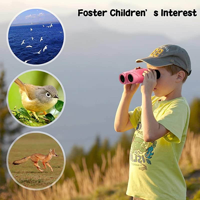 Kids Compact Binoculars Gift for 5-9 Years Old Girl Boys, Upgraded HD Binocular with Focusing Wheel, Shock Proof Travel Birding Telescope Cute Toy Gifts for 3-10 Year Old Girls Pink