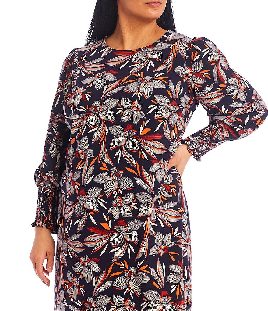 London Times Plus Size Round Neck Long Sleeve Feather Floral Smocked Shift Dress