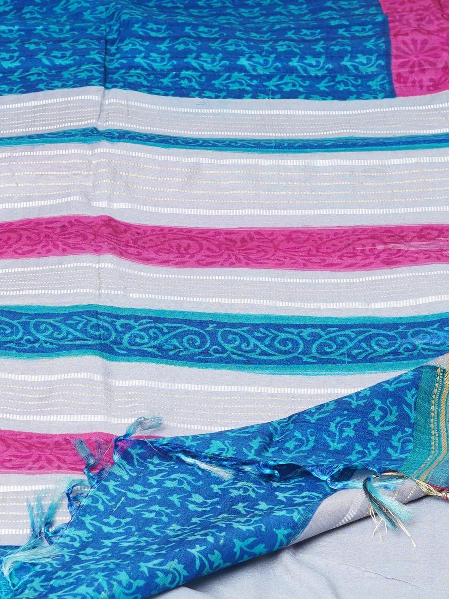 Unnati Silks Blue & Pink Silk Printed Saree With Unstitched Blouse