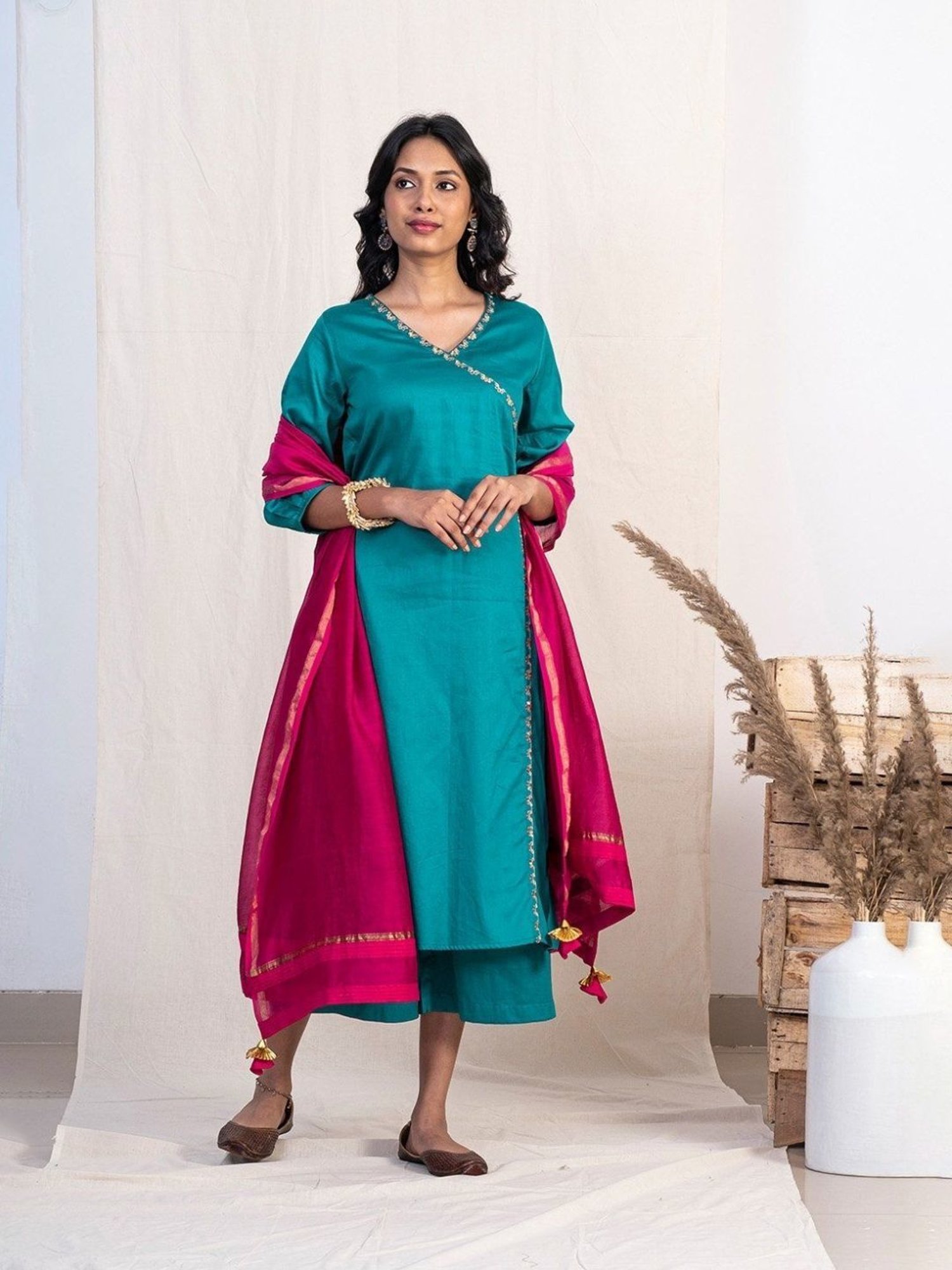 Akiso Jashn Blue Angrakha Embroidery Kurta Set With Plazzo And Pink Dupatta