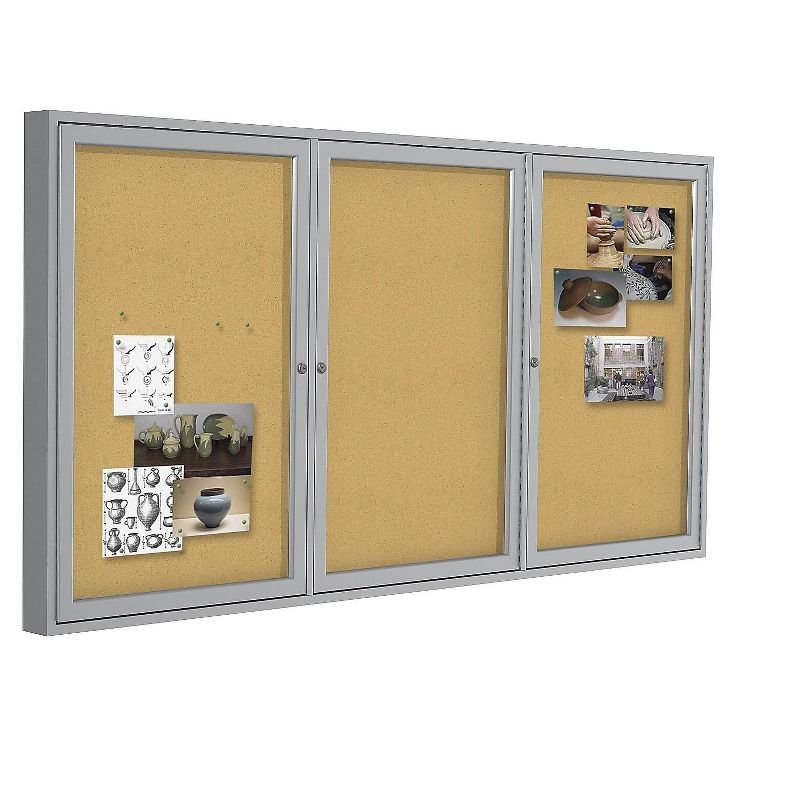 Ghent 3 Door Enclosed Natural Cork Bulletin Board with Satin Frame 4'H x 8'W PA34896K