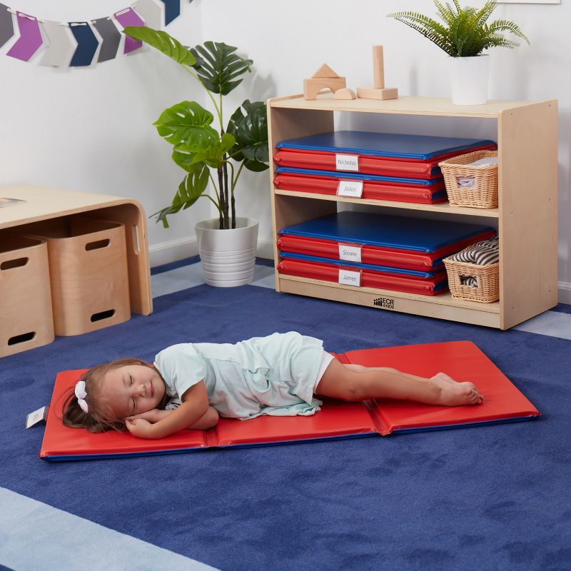 ECR4Kids Premium 3-Fold Daycare Rest Mat with Name Tag Holder, 1in Thick, 5-Pack - Red/Blue