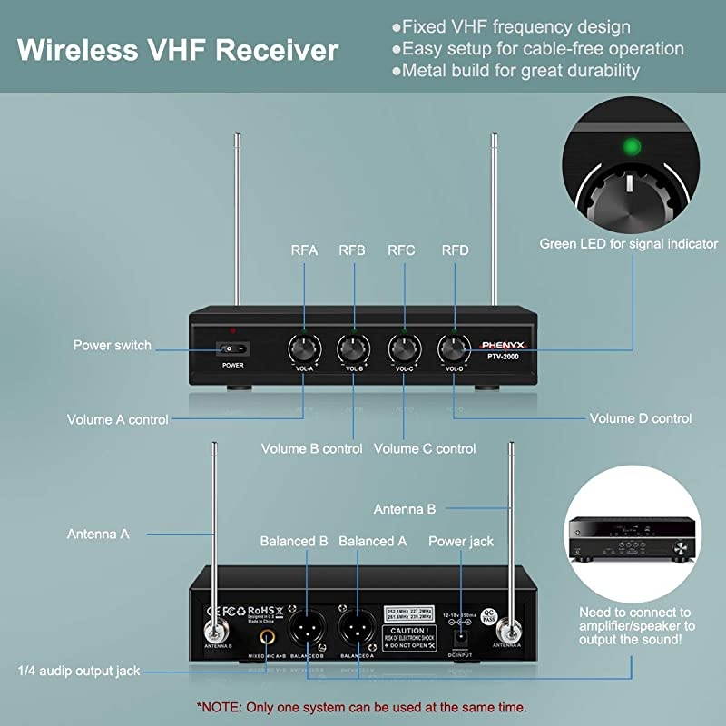Wireless Microphone System,  4-Channel VHF Wireless Microphone Set with 2 Handhelds/2 Bodypacks/2 Lapels/ 2 Headset, Metal Receiver, Ideal for Church, Meeting, Conference(PTV-2000B)