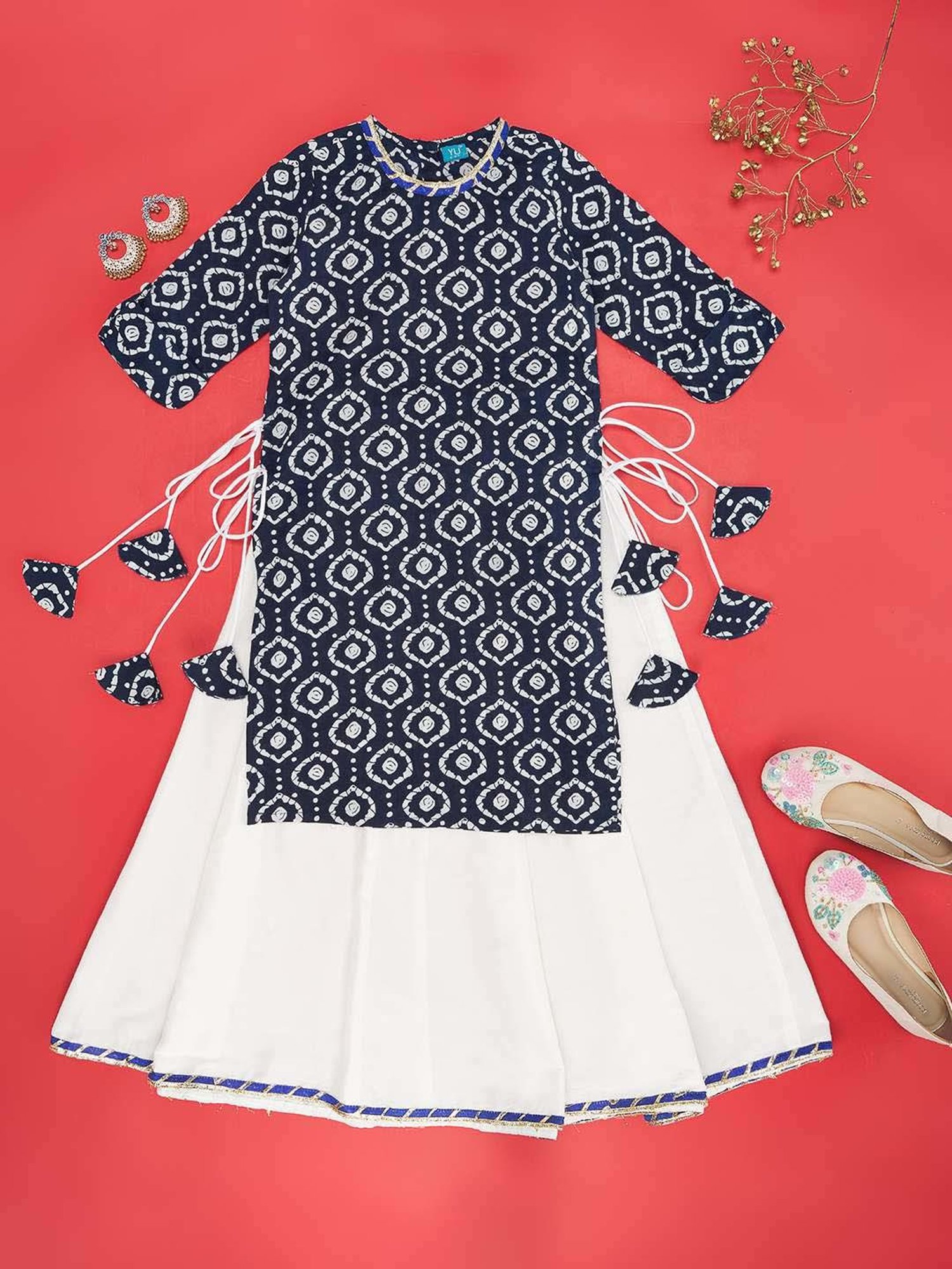 YU by Pantaloons Kids Navy & White Cotton Printed Kurta Set