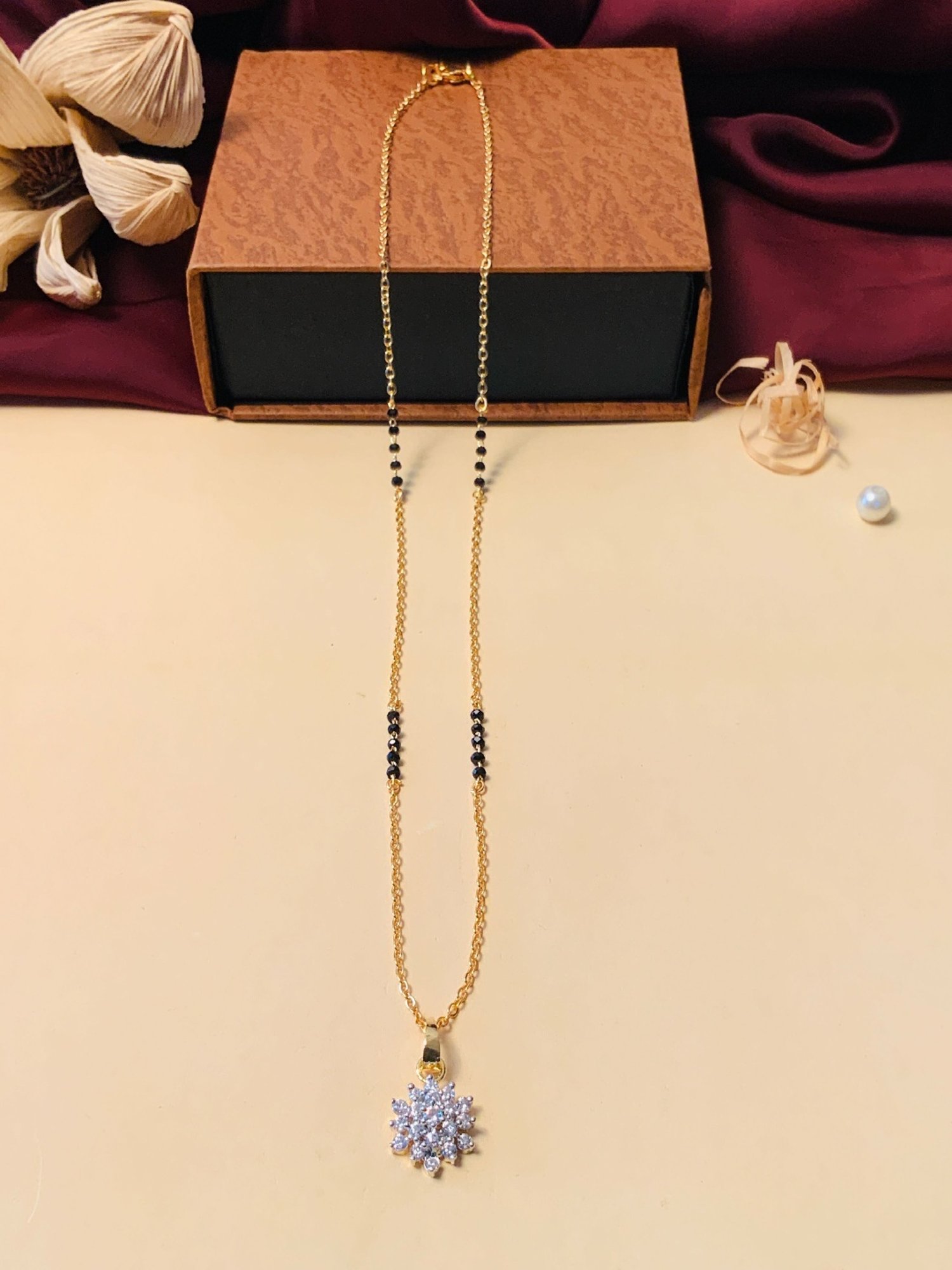 Abdesigns Gold-Plated American Diamond & Black Beaded Mangalsutra