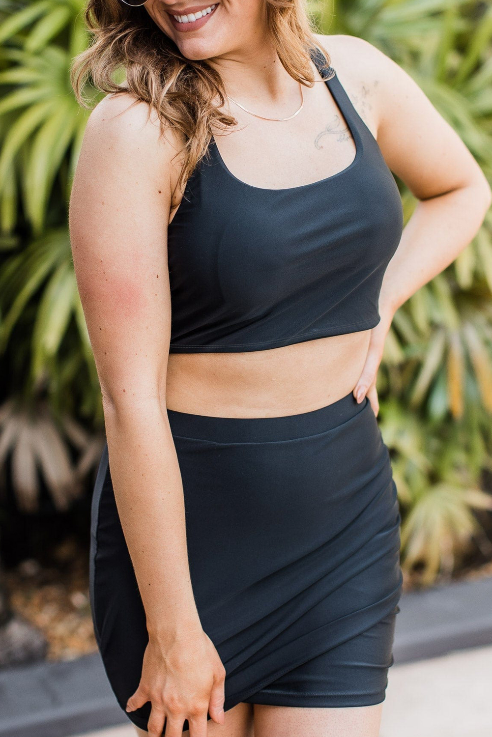 Black Plain Crossover Bikini Tank and Skort Swimwear