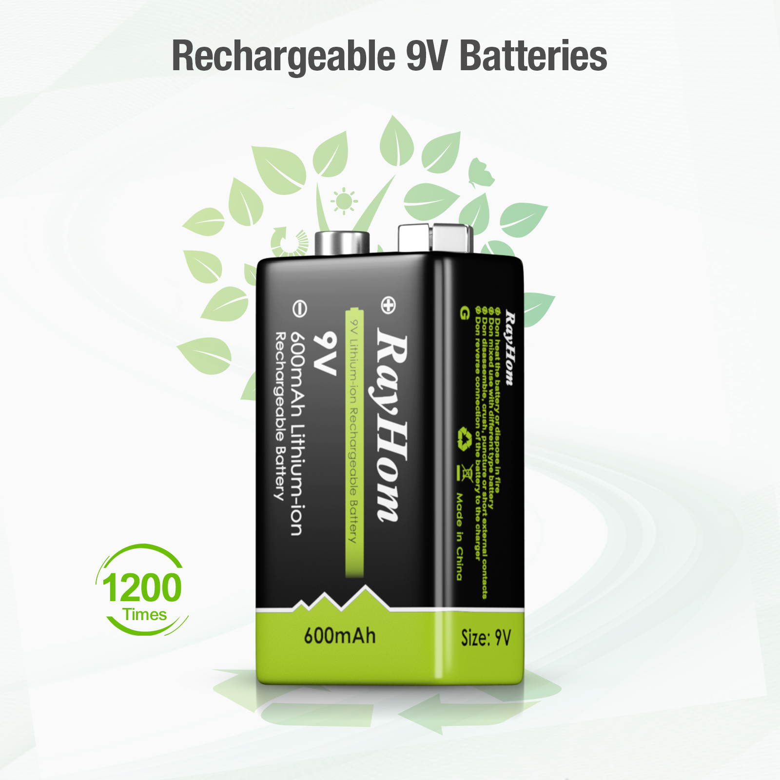 RayHom 9 Volt Rechargeable Batteries Lithium ion 9V 600mAh Li-ion Batteries (4-Pack)
