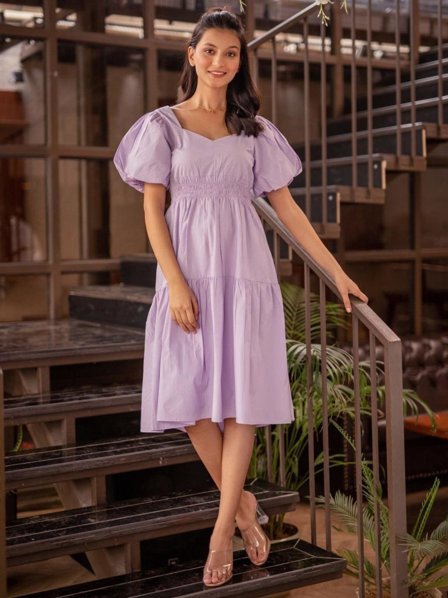 BInfinite Lavender Bishop Sleeve Shirred Waistline Dress