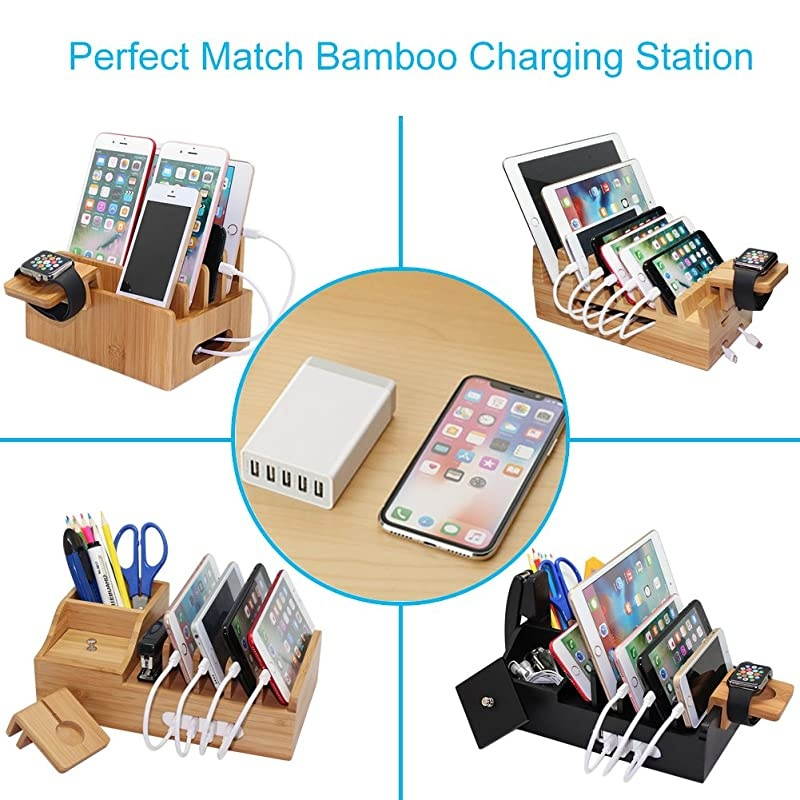 Bamboo Charging Stations for Multiple Devices, Upgrade Desk Docking Station Organizer for Cell Phones, Tablet, AirPods, iWatch Stand (Includes 5 Cables BUT NO Power Supply Charger)