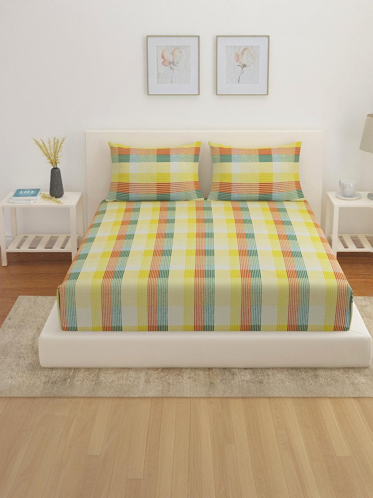 @Home Arias Yellow & Red 225 TC Cotton Satin King Bedsheet with 2 Pillow Covers