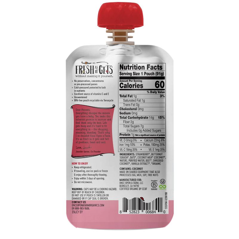 Once Upon a Farm Organic Sun-Shiny Strawberry Patch Stage 3 Baby Food Pouch - 3.2oz