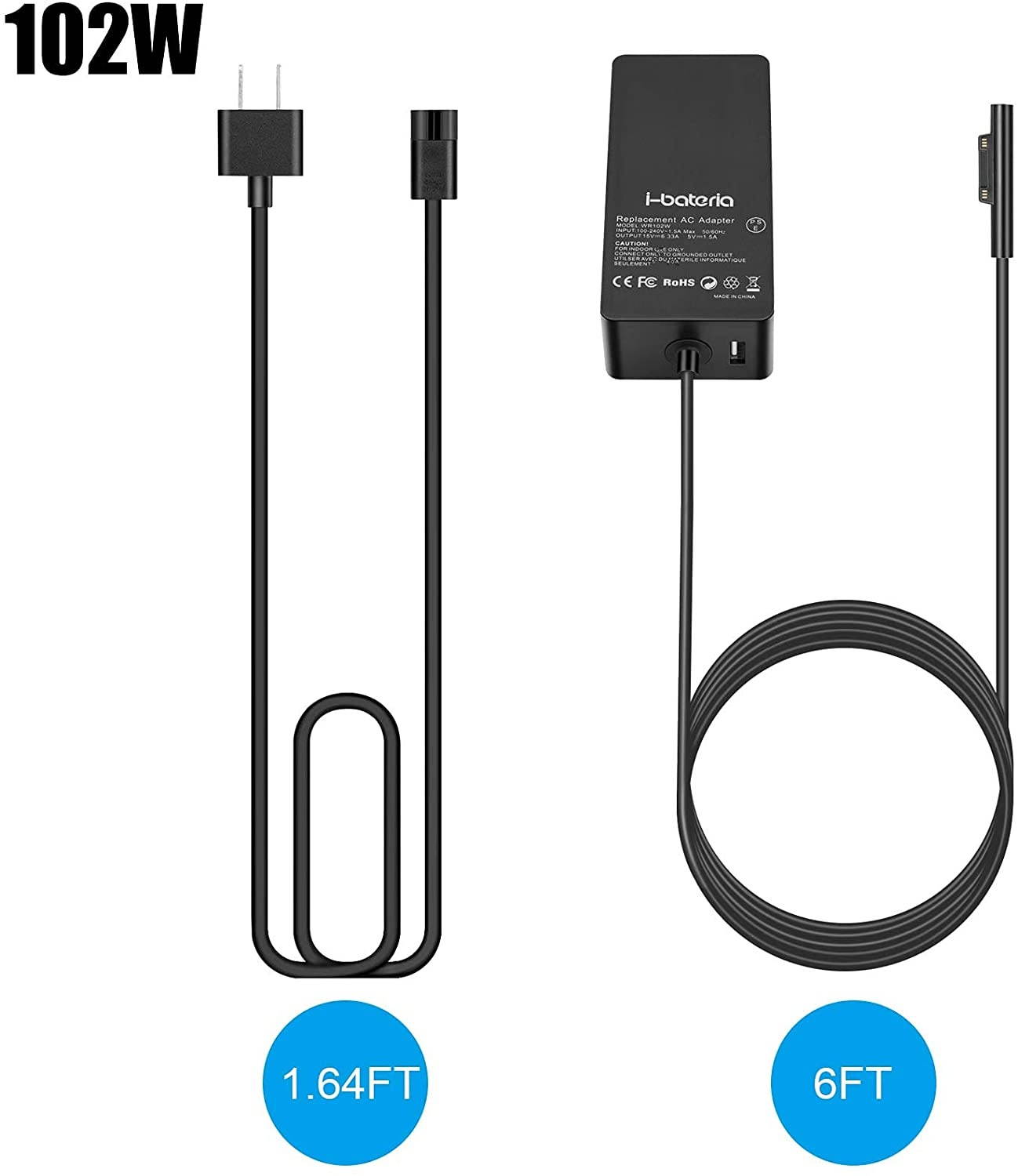 102W Surface Book 2 Charger, i-Bateria Power Supply Adapter Compatible with Surface Book/Book 2, Microsoft Surface Pro 7/6/ 5/4/ 3/ X, Surface Laptop 1/2/ 3, Surface Go/Go 2