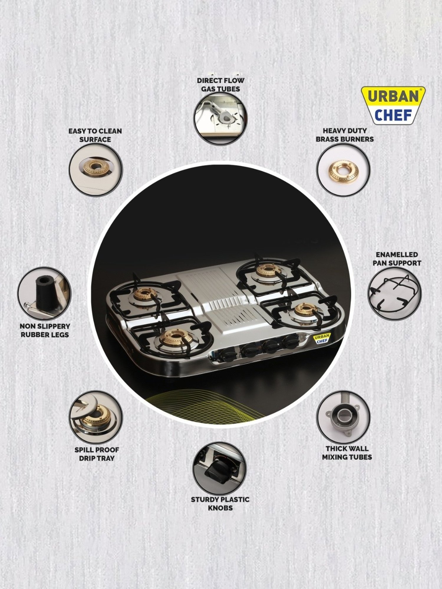 Urban Chef Gas Stove with 4 burners ( Silver/Black )
